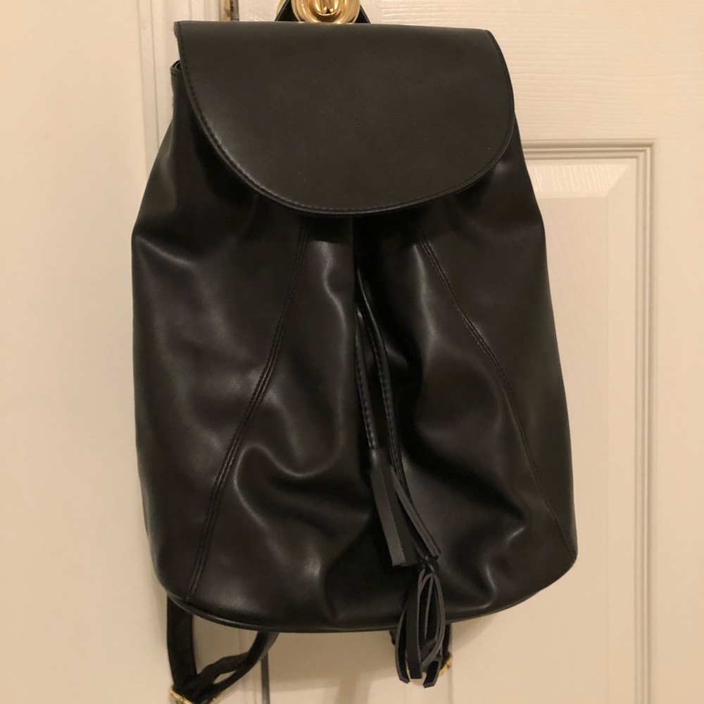 Black Faux Leather Top Flap Drawstring Backpack